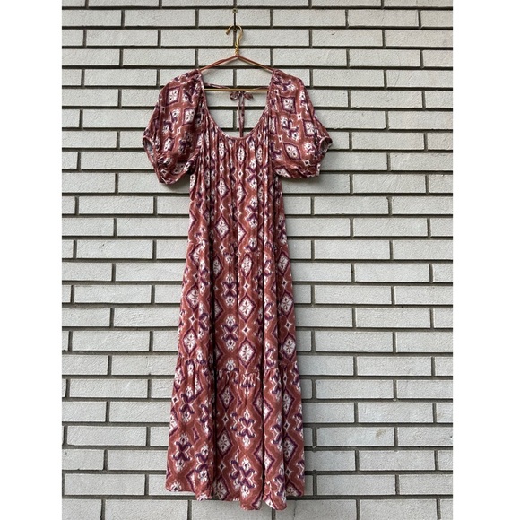 Knox Rose Rust Purple Ikat Puff Sleeve Tiered Midi Dress Pockets Tie Back Size L - Picture 2 of 13